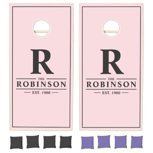 Pink Whisper and Black Family Name & Initial Cornhole Set