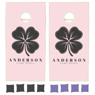 Pink Whisper and Black Four Leaf Clover with Name Cornhole Set