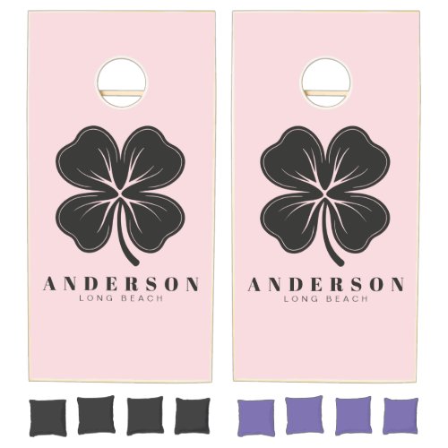 Pink Whisper and Black Four Leaf Clover with Name Cornhole Set