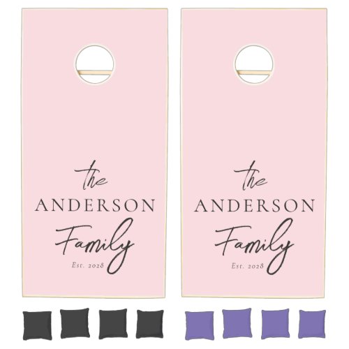 Pink Whisper and Black Hand Written Family Name Cornhole Set