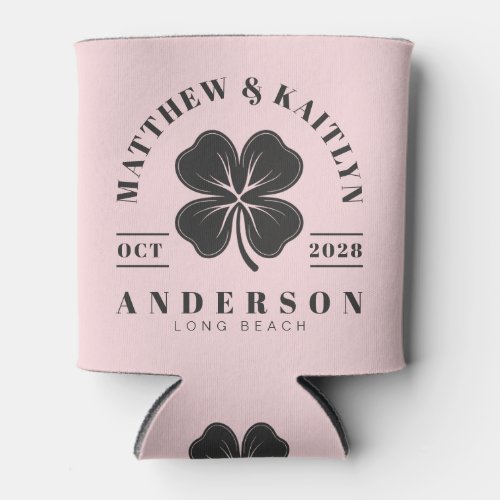 Pink Whisper and Black Irish Clover Wedding Crest Can Cooler