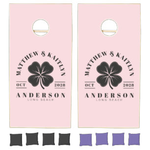 Pink Whisper and Black Irish Clover Wedding Crest Cornhole Set