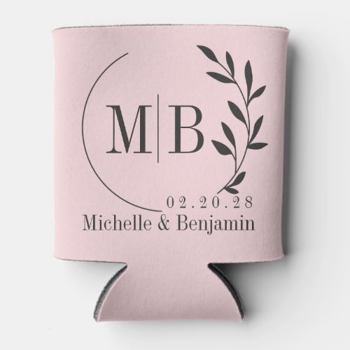 Pink Whisper and Black Leaf Wedding Monogram Can Cooler