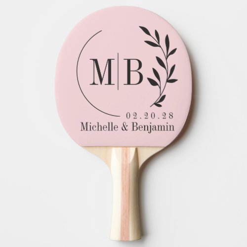 Pink Whisper and Black Leaf Wedding Monogram Ping Pong Paddle