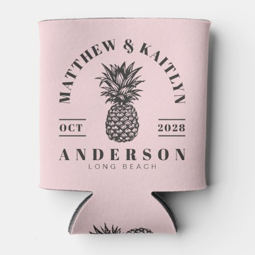 Pink Whisper and Black Tropical Pineapple Wedding Can Cooler