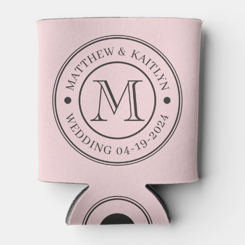 Pink Whisper and Black Wedding Monogram Can Cooler