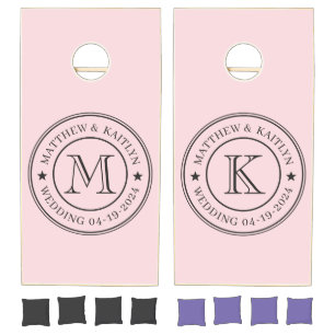 Pink Whisper and Black Wedding Monogram Star Cornhole Set
