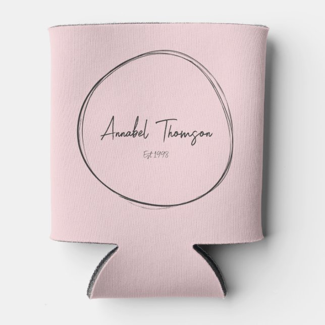 Pink Whisper and Black with Name in Drawn Circle Can Cooler (Front)