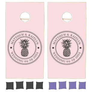 Pink Whisper & Black Pineapple Wedding Crest &Name Cornhole Set