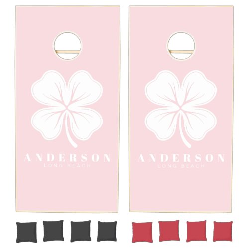 Pink Whisper Four Leaf Clover with Name Cornhole Set