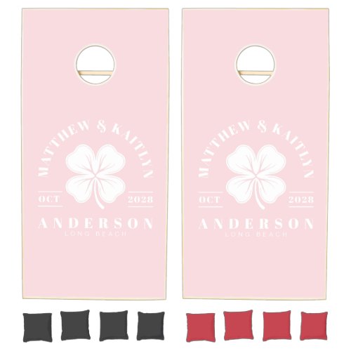 Pink Whisper Irish Clover Wedding Crest Cornhole Set