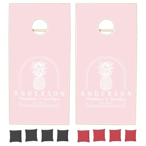 Pink Whisper Pineapple Wedding Arch & Name Cornhole Set