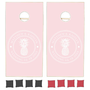 Pink Whisper Pineapple Wedding Crest & Name Cornhole Set
