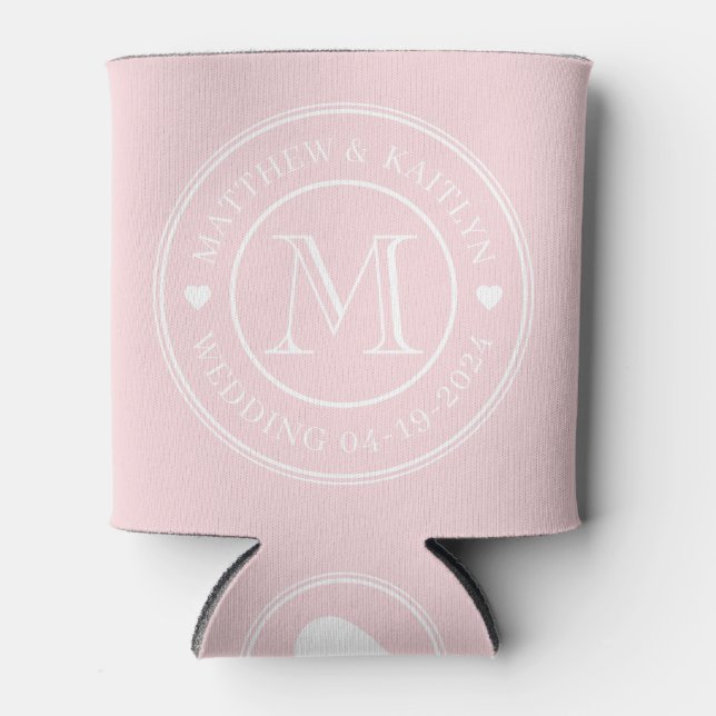 Pink Whisper Wedding Monogram Heart Can Cooler (Front)