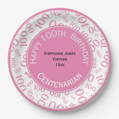 PinkWhite 100th Birthday Party Number Pattern Paper Plates