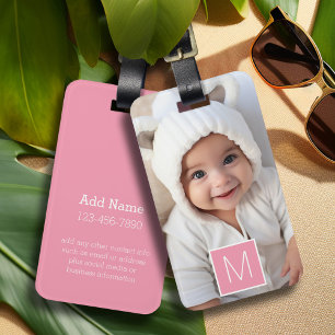 Pink White 1 Photo Collage Custom Monogram Luggage Tag