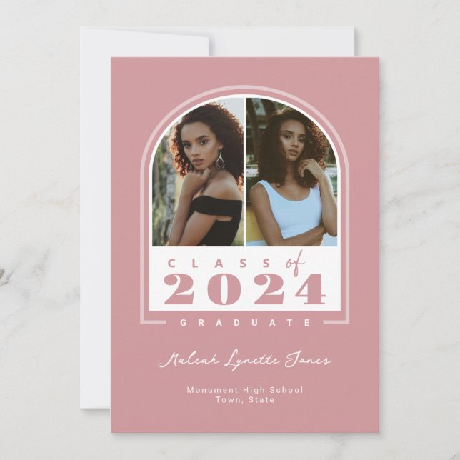 Pink White 2024 Modern Arch Photo Graduation Announcement (Front)