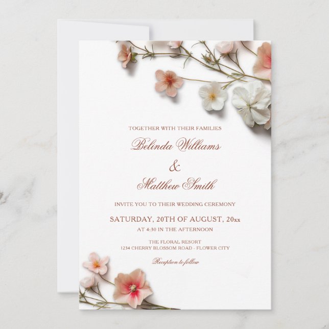Pink White 3D Wildflowers Wedding Invitation (Front)