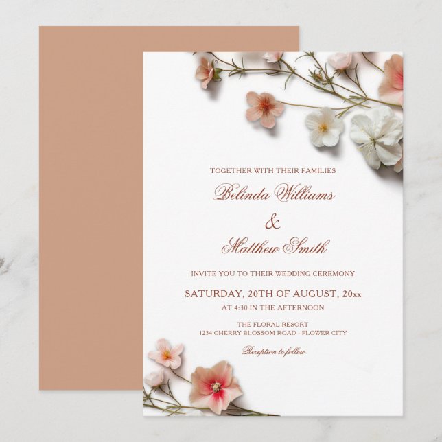 Pink White 3D Wildflowers Wedding Invitation (Front/Back)