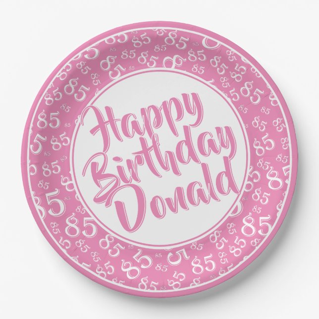 Pink/White 85th Random Number Pattern Paper Plates (Front)