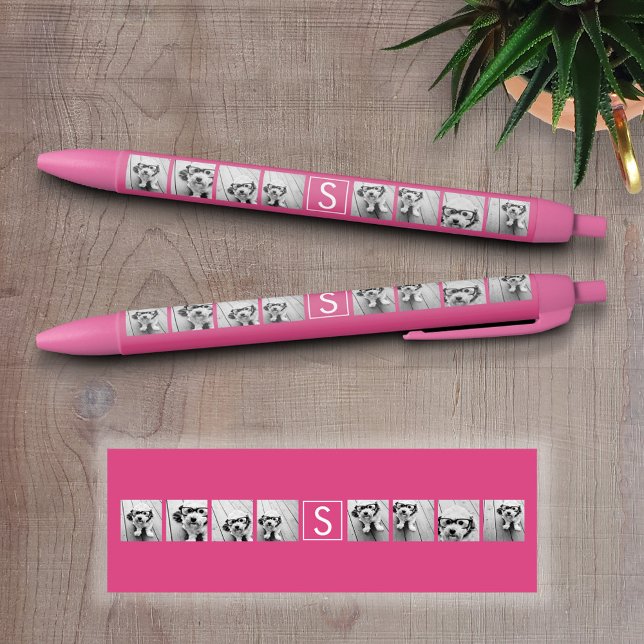 Pink White 8 Photo Collage Custom Monogram Pen (Personalized Writing Pens)