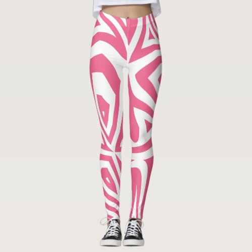 Pink  White Abstract Zebra Print Womens Leggings