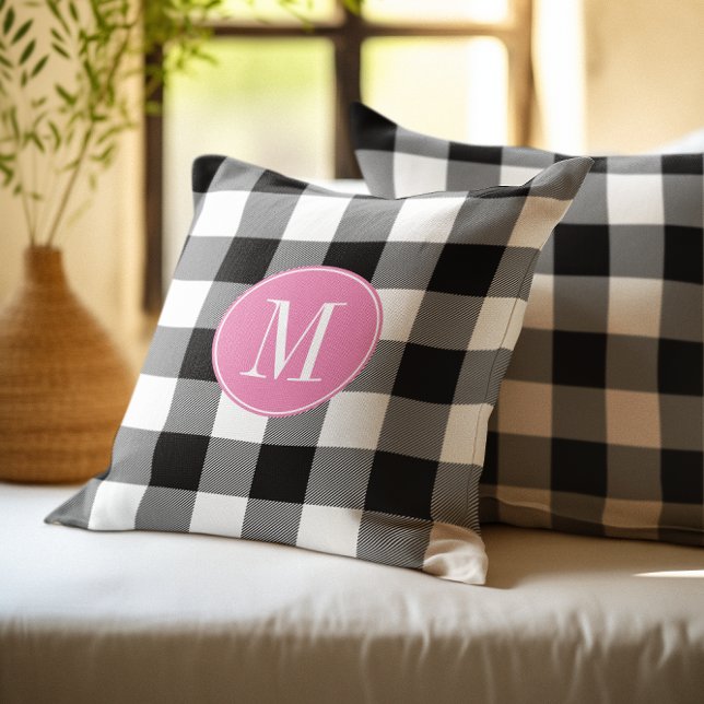 Pink White and Black Buffalo Plaid Monogram Throw Pillow (Pink White and Black Buffalo Plaid Monogram Throw Pillow)