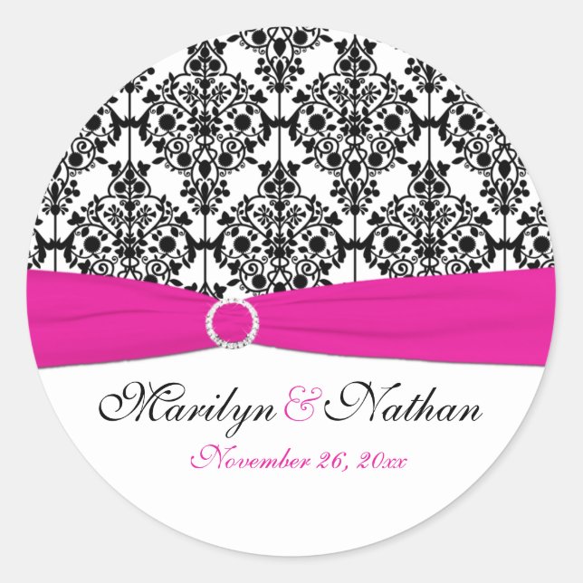 Pink, White, and Black Damask 1.5" Round Sticker (Front)