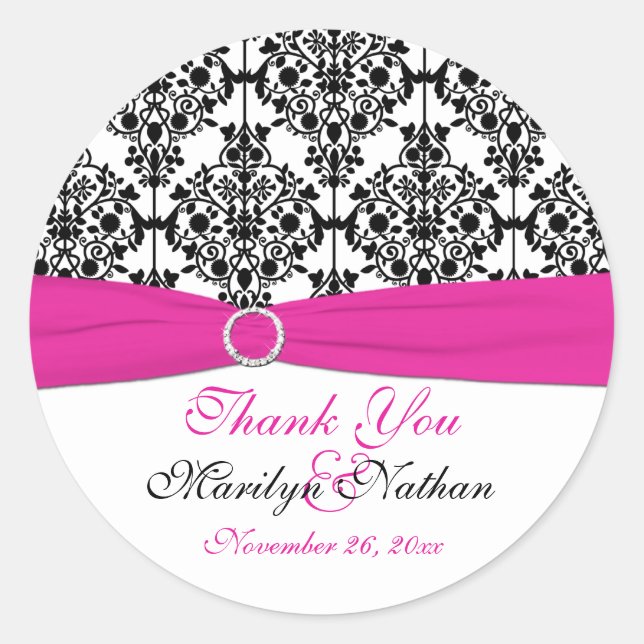 Pink, White, and Black Damask 3" Round Sticker (Front)