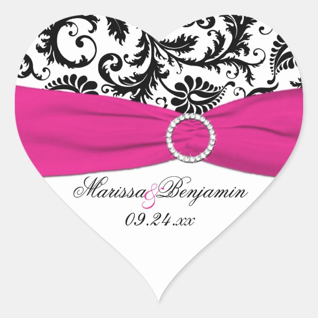 Pink, White, and Black Damask Heart Shape Sticker (Front)