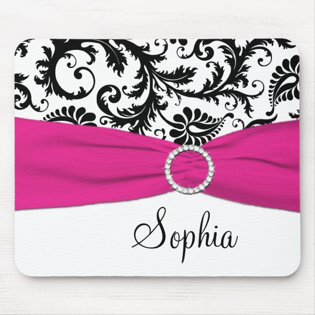 Pink, White, and Black Damask Mousepad (Front)