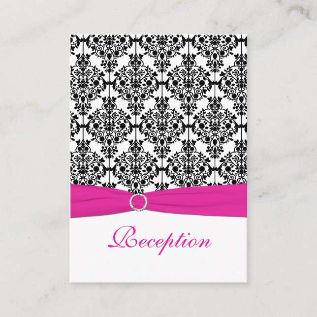 Pink, White and Black Damask Reception Card (Front)