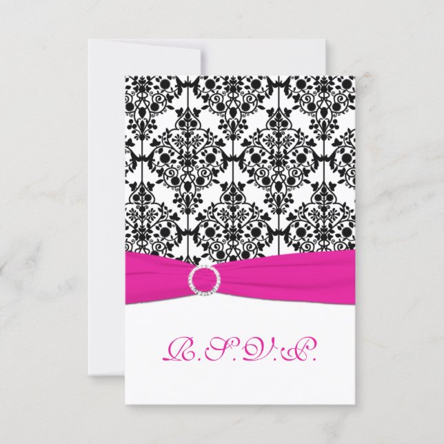 Pink, White and Black Damask Reply Card 2 (Front)
