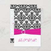 Pink, White and Black Damask Reply Card 2 (Front/Back)