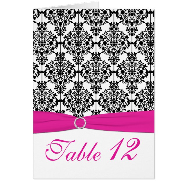 Pink, White and Black Damask Table Number Card (Front)