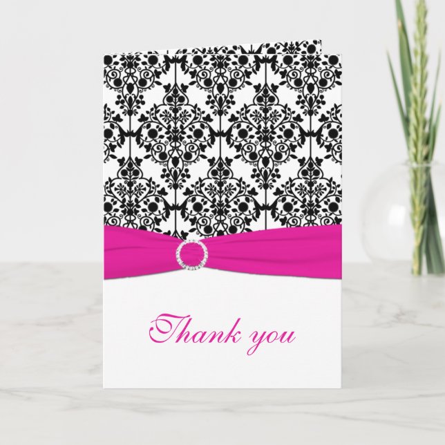 Pink, White and Black Damask Thank You Card (Front)