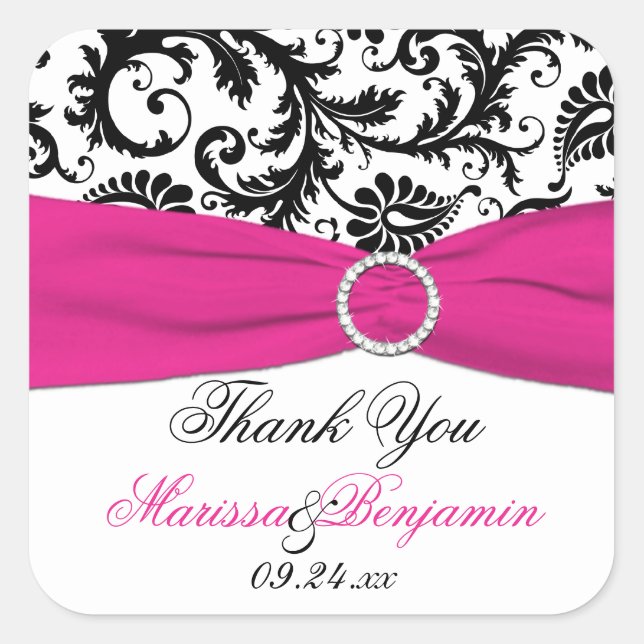 Pink, White, and Black Damask Thank You Sticker (Front)