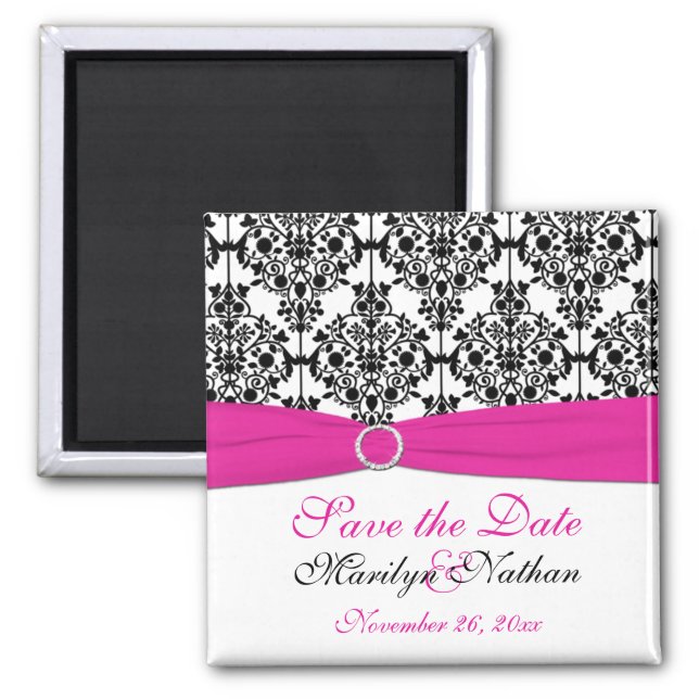 Pink, White, and Black Damask Wedding Favor Magnet (Front)