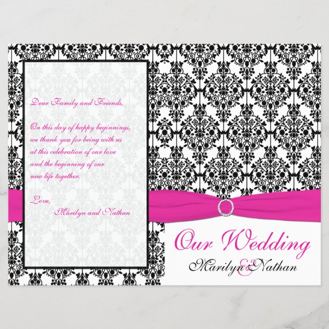 Pink, White, and Black Damask Wedding Program (Front)