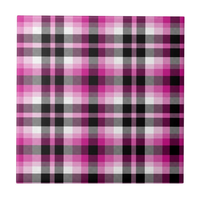 Pink White and Black Plaid Ceramic Tile (Front)