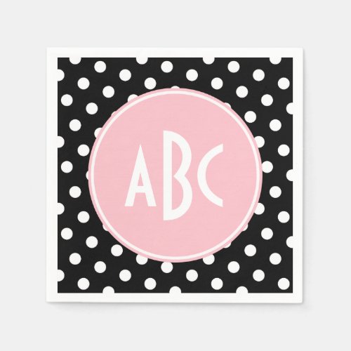 Pink White and Black Polka Dot Monogram Napkins