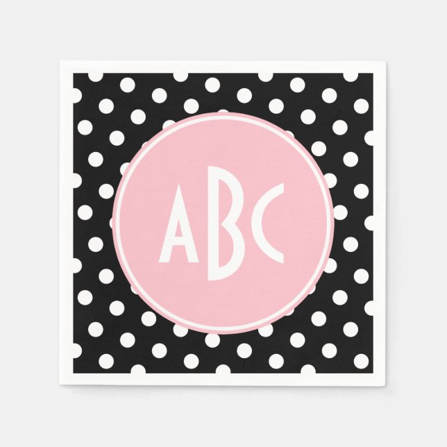 Pink White and Black Polka Dot Monogram Napkins (Front)