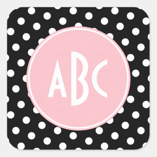 Pink White and Black Polka Dot Monogram Square Sticker