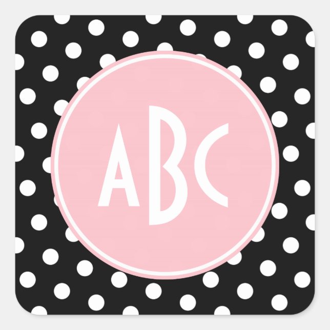 Pink White and Black Polka Dot Monogram Square Sticker (Front)