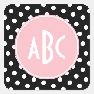 Pink White and Black Polka Dot Monogram Square Sticker