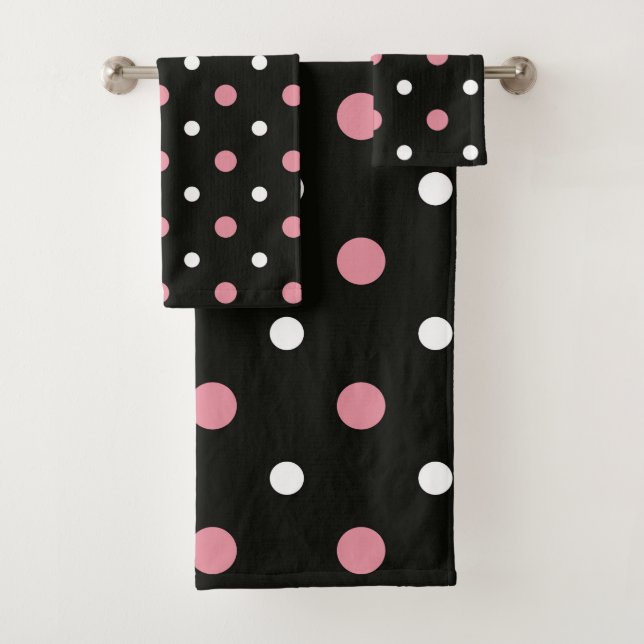 Pink white and black polka dots bath towel set (Insitu)