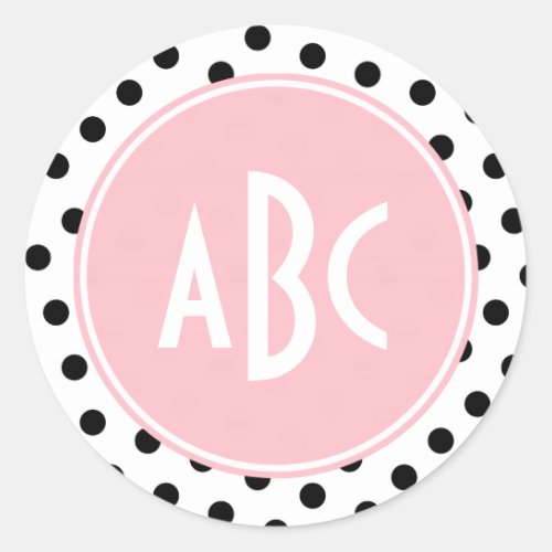 Pink White and Black Polka Dots Monogram Classic Round Sticker
