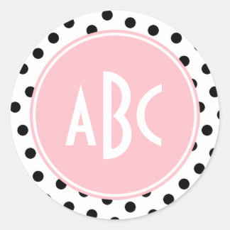 Pink White and Black Polka Dots Monogram Classic Round Sticker