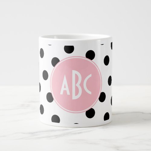 Pink White and Black Polka Dots Monogram Giant Coffee Mug