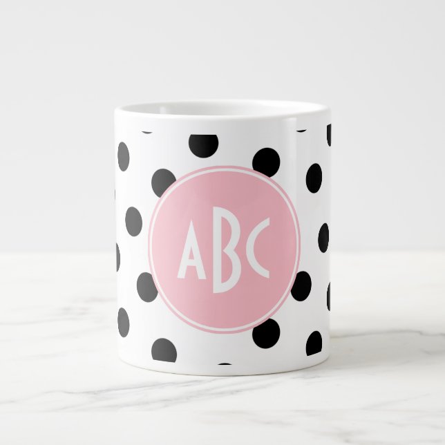 Pink White and Black Polka Dots Monogram Giant Coffee Mug (Front)